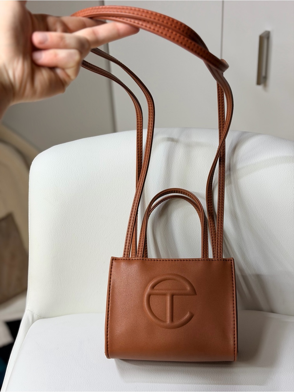 NWOT Telfar Mini Unisex Leather Crossbody Shoulder Handheld Tan Brown Embossed - Picture 2 of 9
